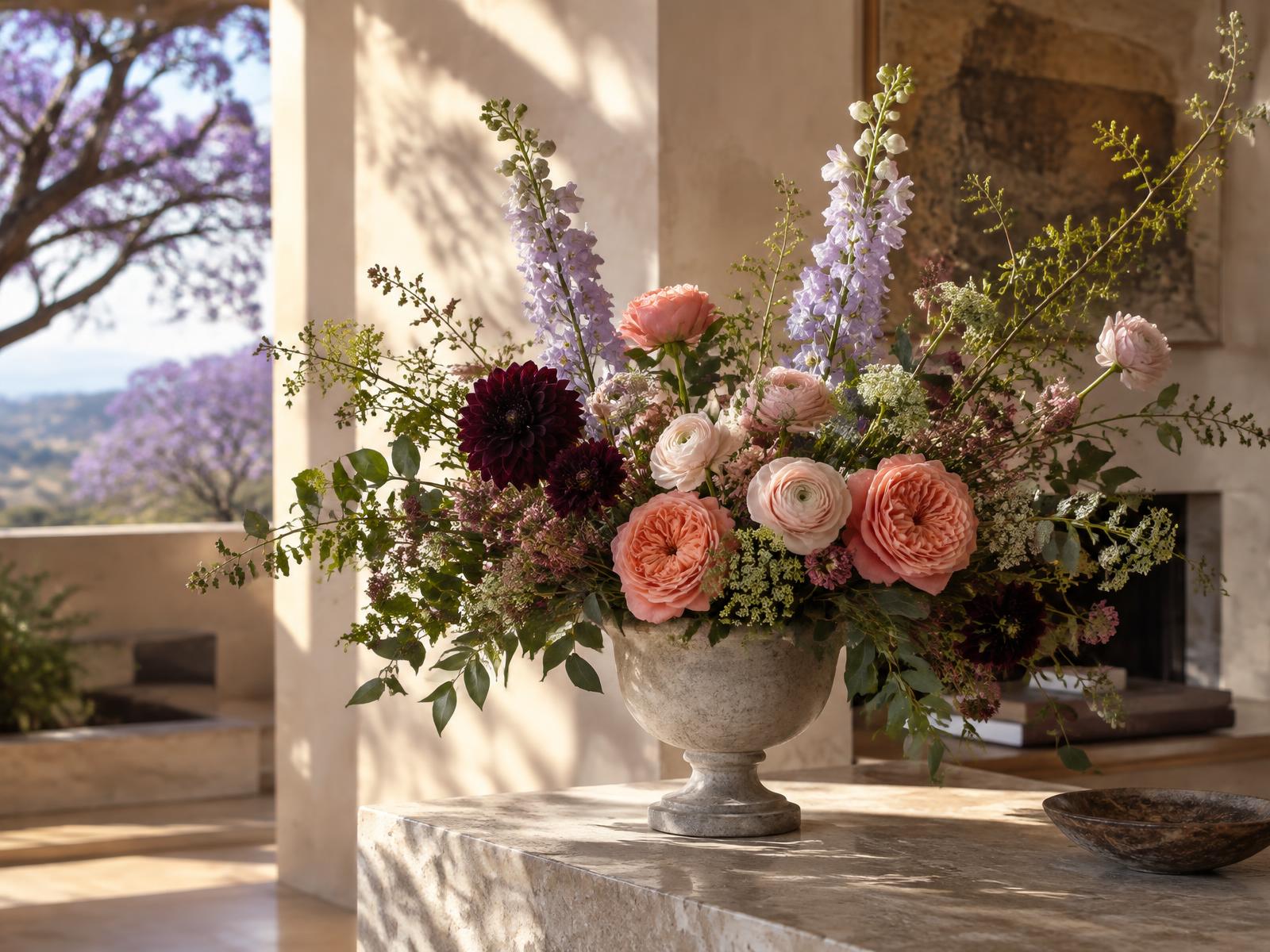 Sculptural Jo La Fleur arrangement in a sunlit Pretoria home